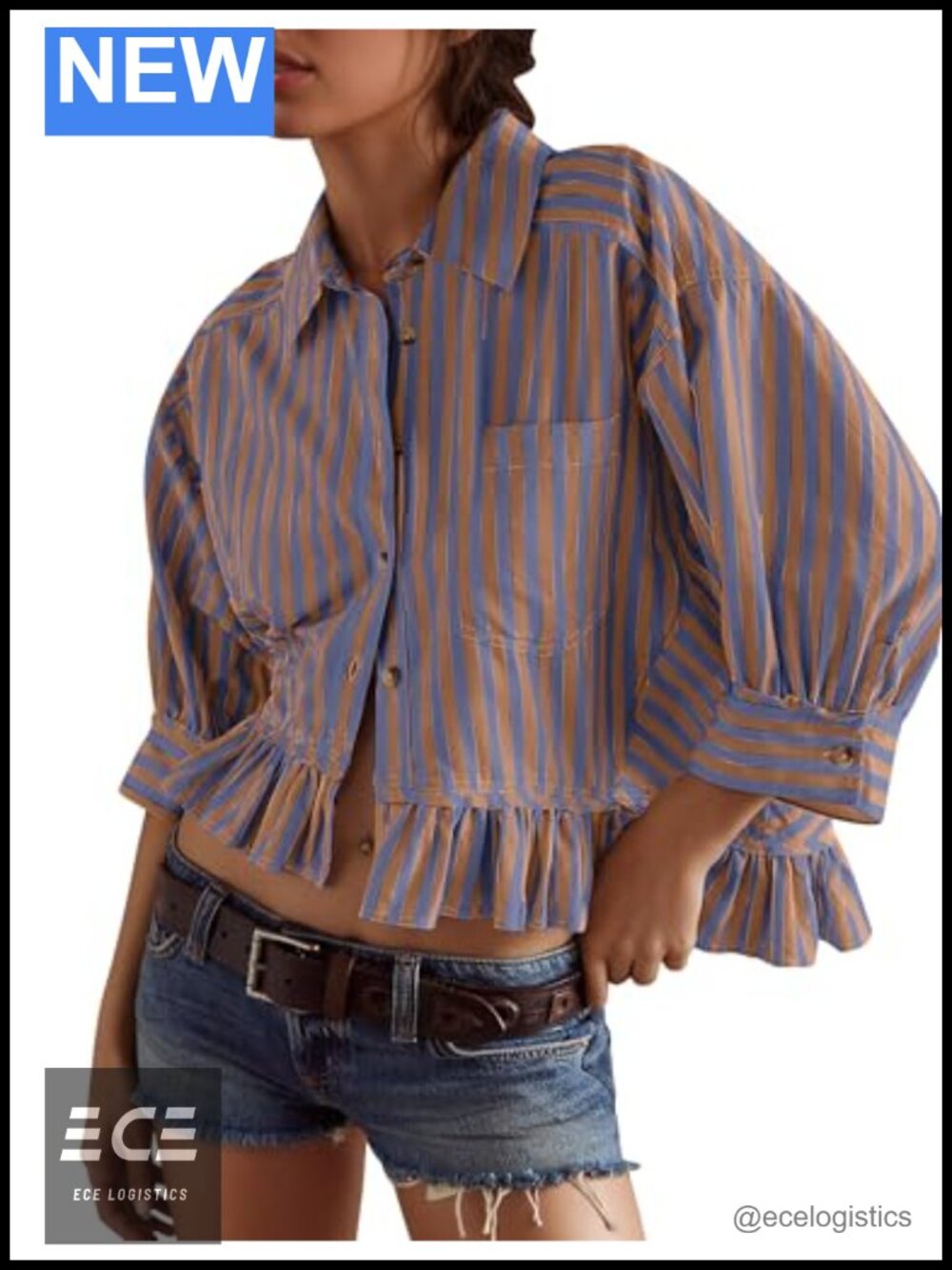 Women's 3/4 Sleeve Button Down Striped Shirt with Ruffle Hem